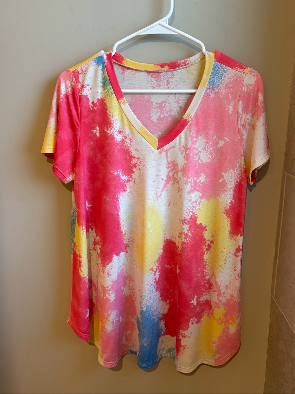 V-Neck Tie-Dye Style Short Sleeve Top in Pink, Yellow & Blue